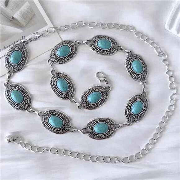 Women Turquoise Concho Chain Belt Western Cowgirl Waist Chain Oval Metal Link main image 8